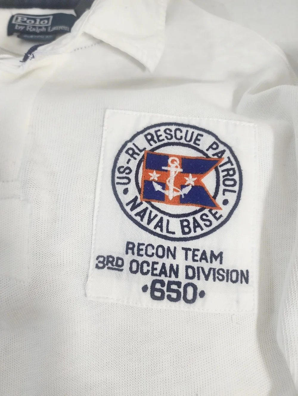 Ralph Lauren Men Vintage Naval Patch Polo Shirt White Long Sleeve Custom Fit L
